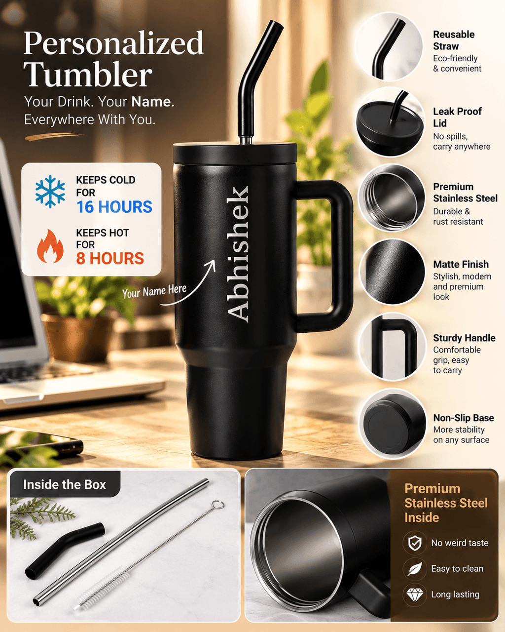 Personalized Black Tumbler with Handle & Straw | Keeps Cold for 16 Hours