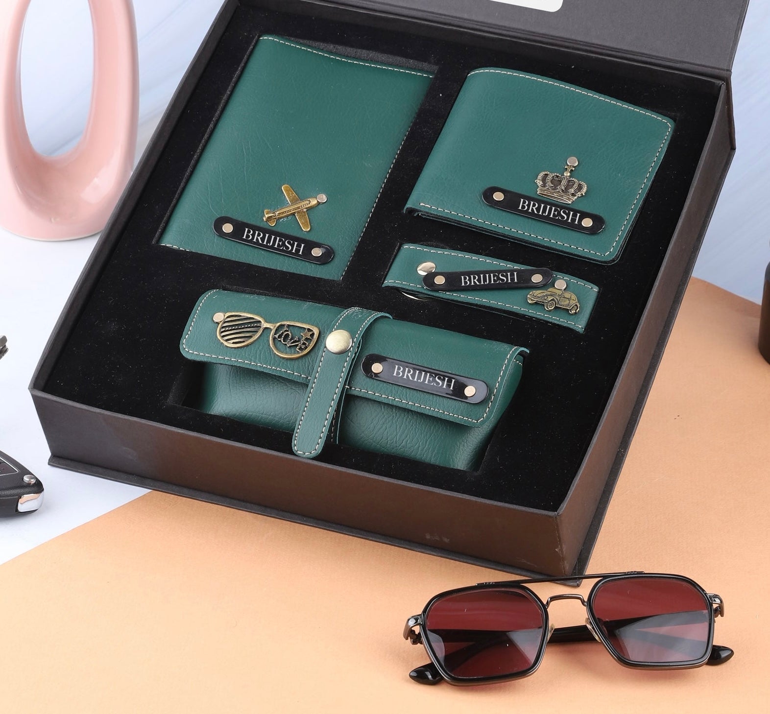 Personalized Leather Gift Combo for Men – Wallet, Eyewear, Passport & Keychain