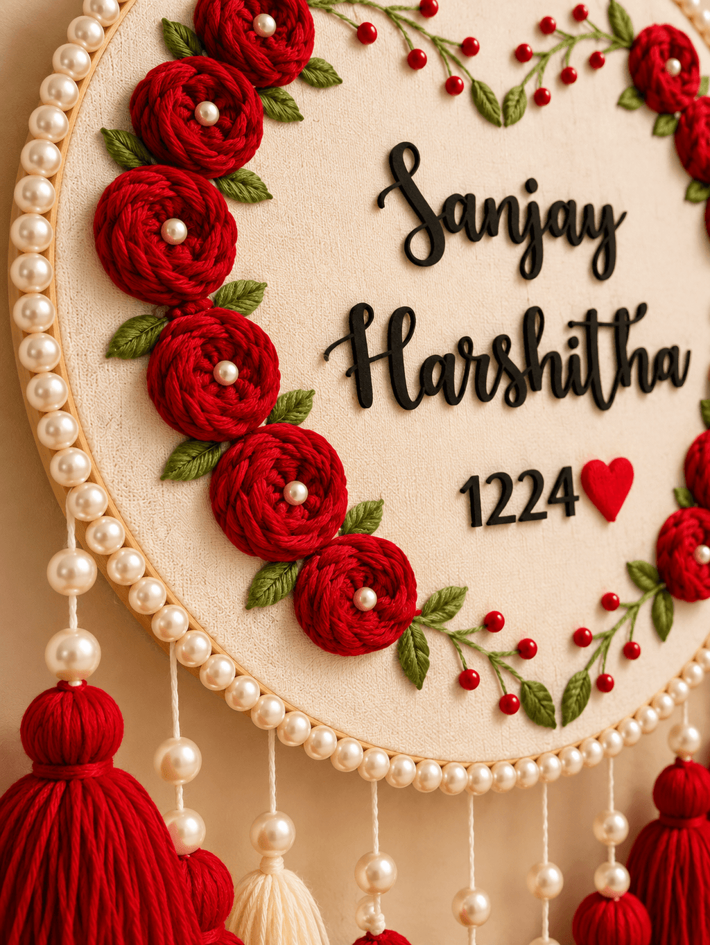 Personalized Floral Embroidery Couple Name Wall Hanging with Tassels