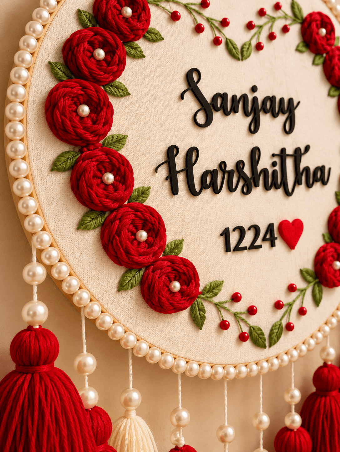 Personalized Floral Embroidery Couple Name Wall Hanging with Tassels
