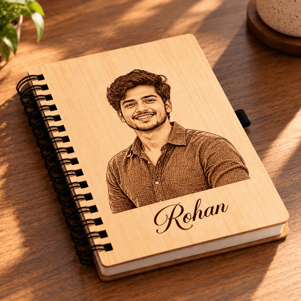Personalized Photo Engraved Wooden Diary with Name Pen