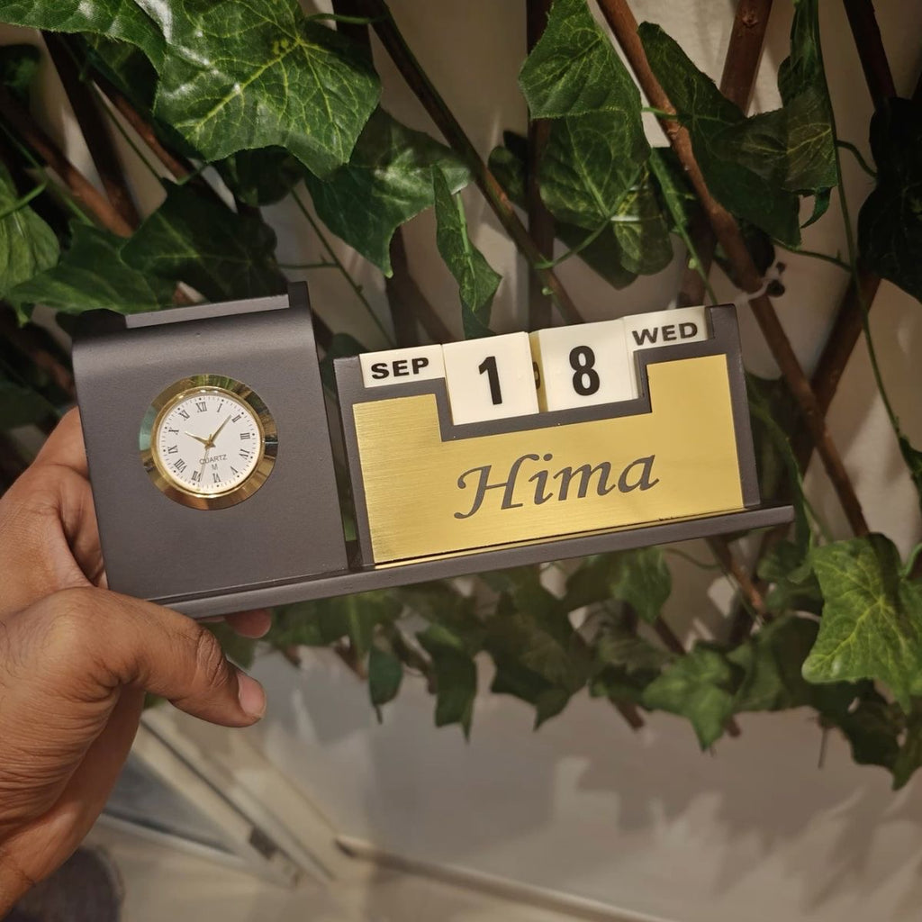 Customized Desk Calendar Clock Pen Stand with Name Plate
