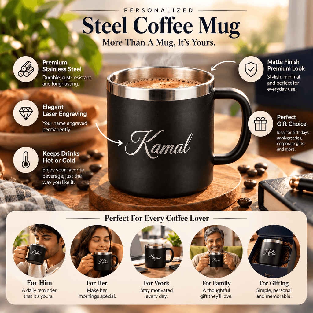Personalized Black Stainless Steel Coffee Mug with Name