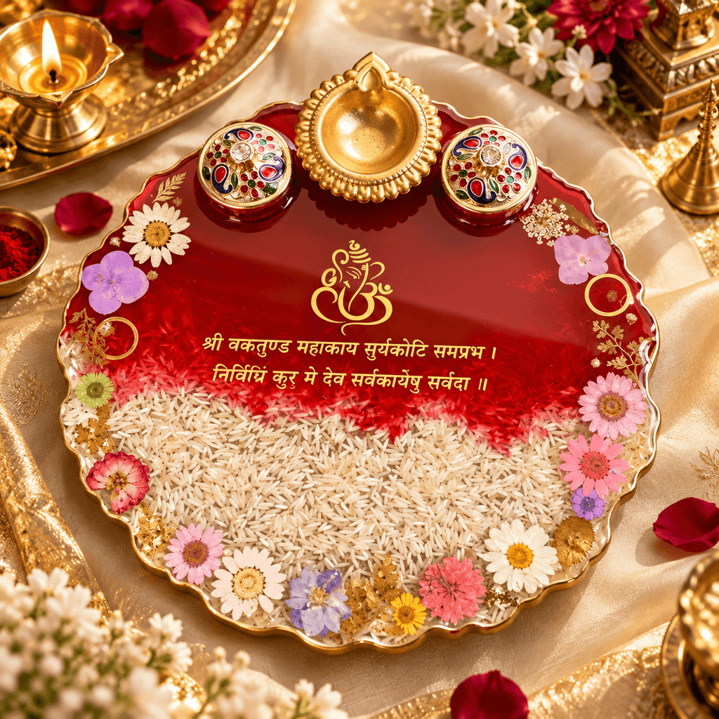 Resin Pooja Thali 8 inches with Decorative Diyas