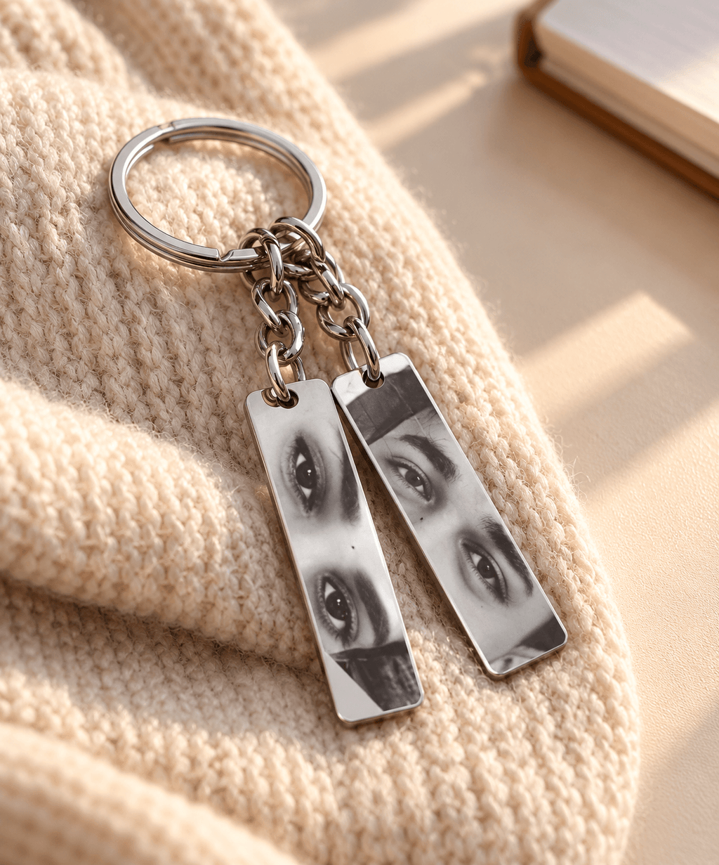 Personalized Eye Photo Keychain with Name & Initial Charm | Silver Metal Gift