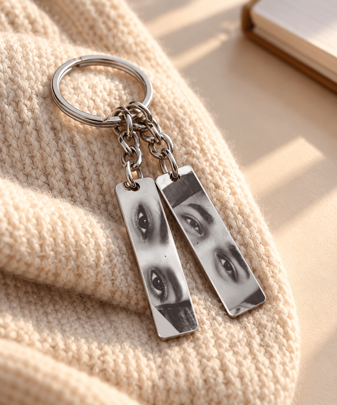 Personalized Eye Photo Keychain with Name & Initial Charm | Silver Metal Gift