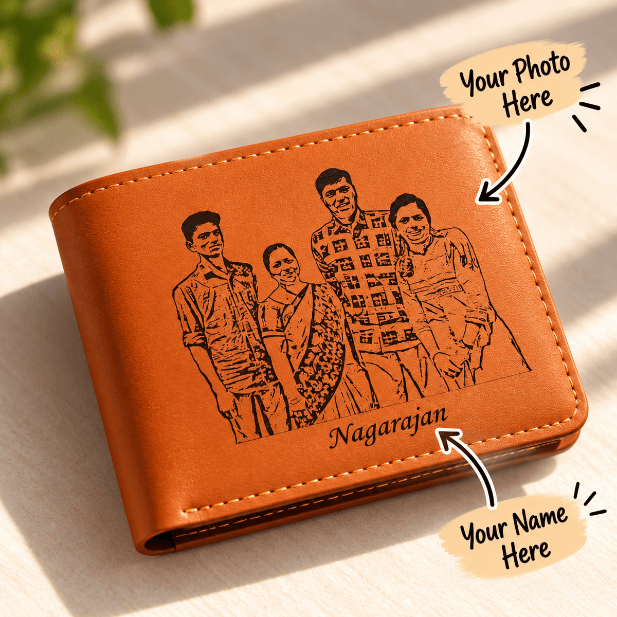 Personalized Engraved Leather Wallet with Name Plate – Custom Photo Illustration