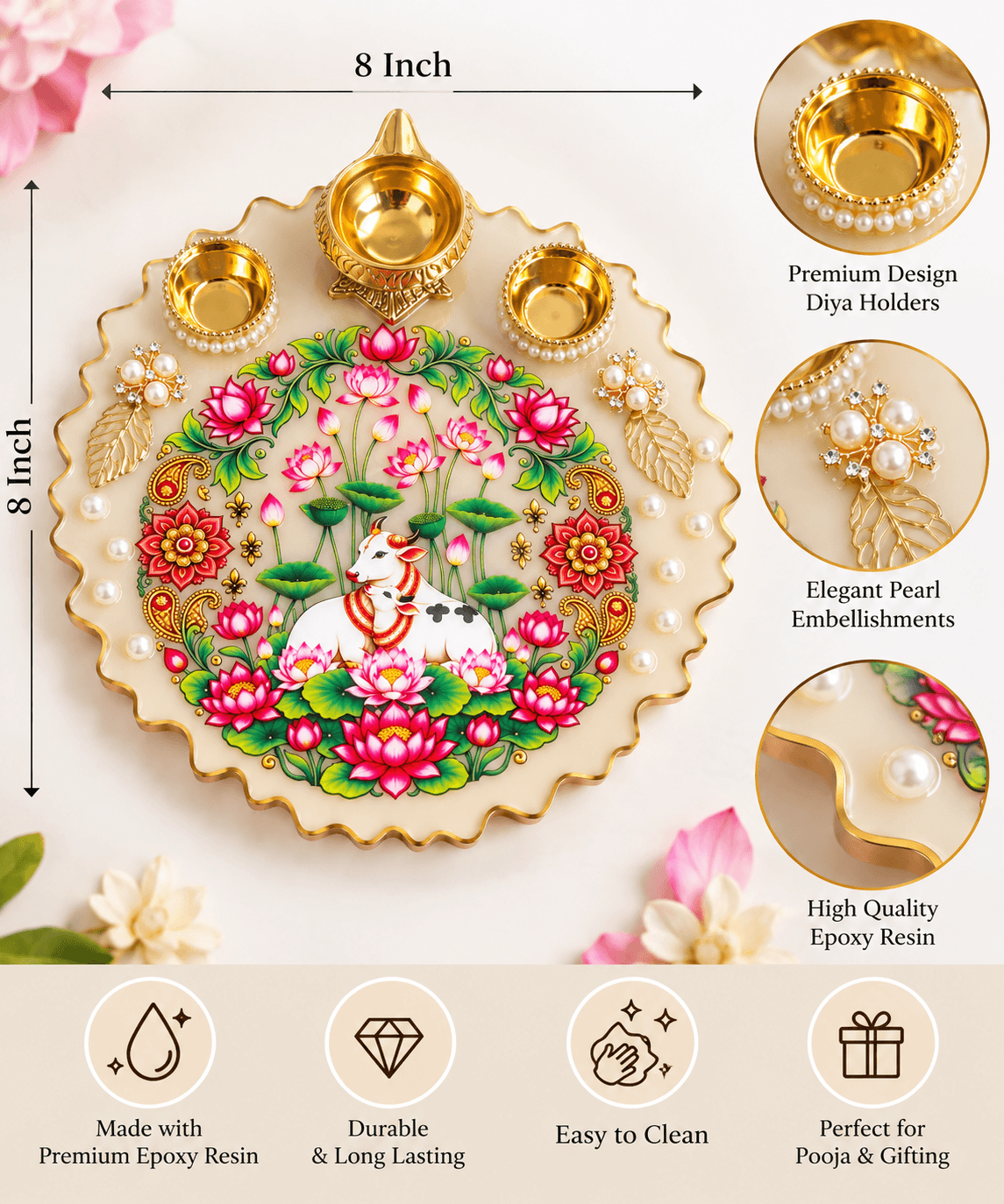 8 Inch Resin Pooja Thali with Lotus Design & Gold Diya Holders