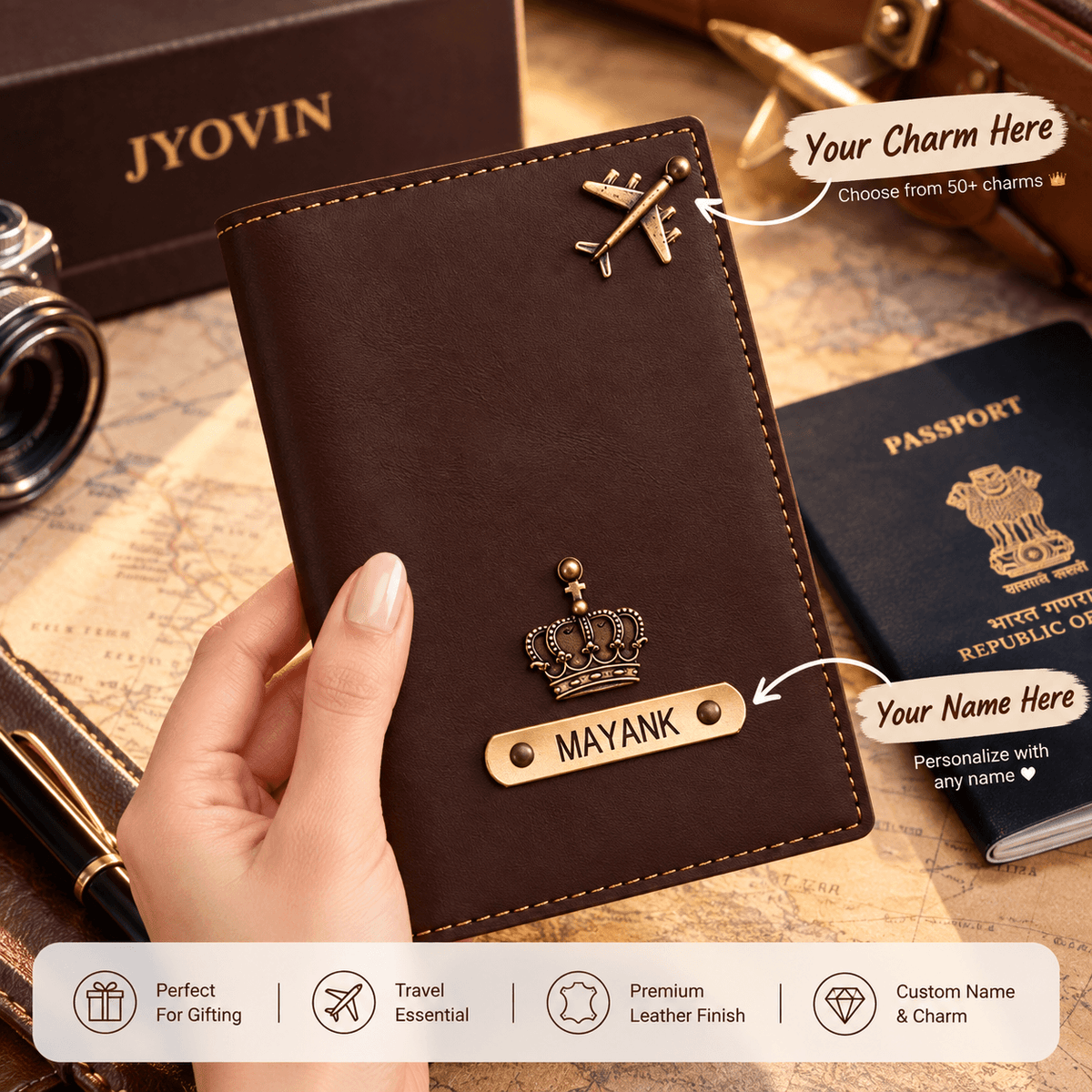 Personalized Leather Passport Cover with Name & Charms | Travel Gift