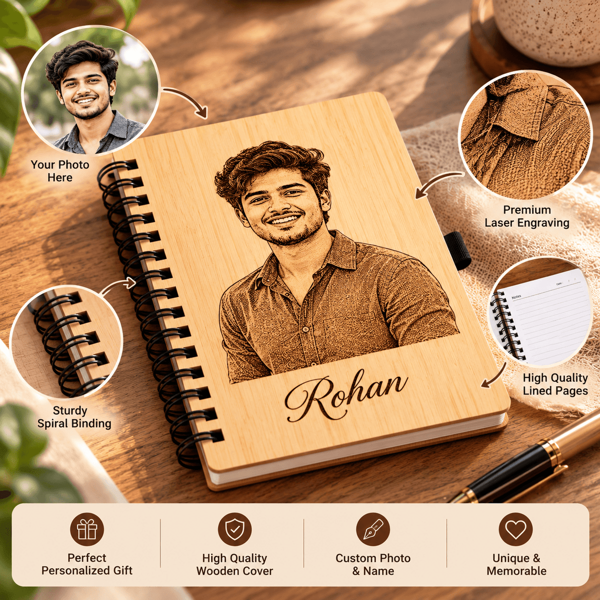 Personalized Photo Engraved Wooden Diary with Name Pen