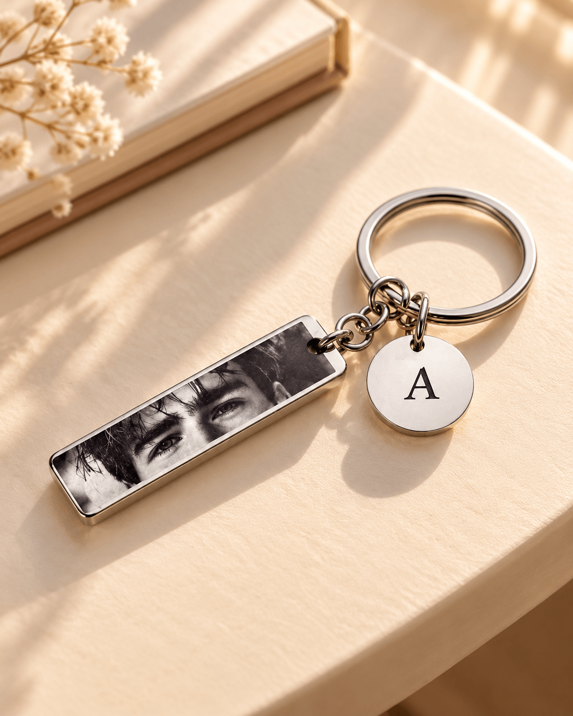 Personalized Eye Photo Keychain with Name & Initial Charm | Silver Metal Gift
