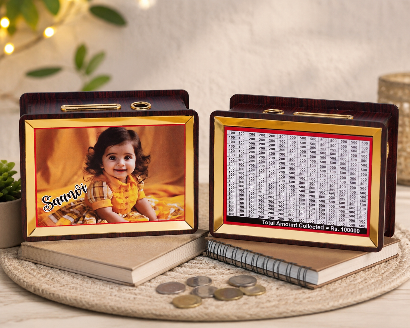 Personalized Wooden Savings Money Bank with Photo & Name | Goal Tracker Piggy Bank | Kids & Couples Gift