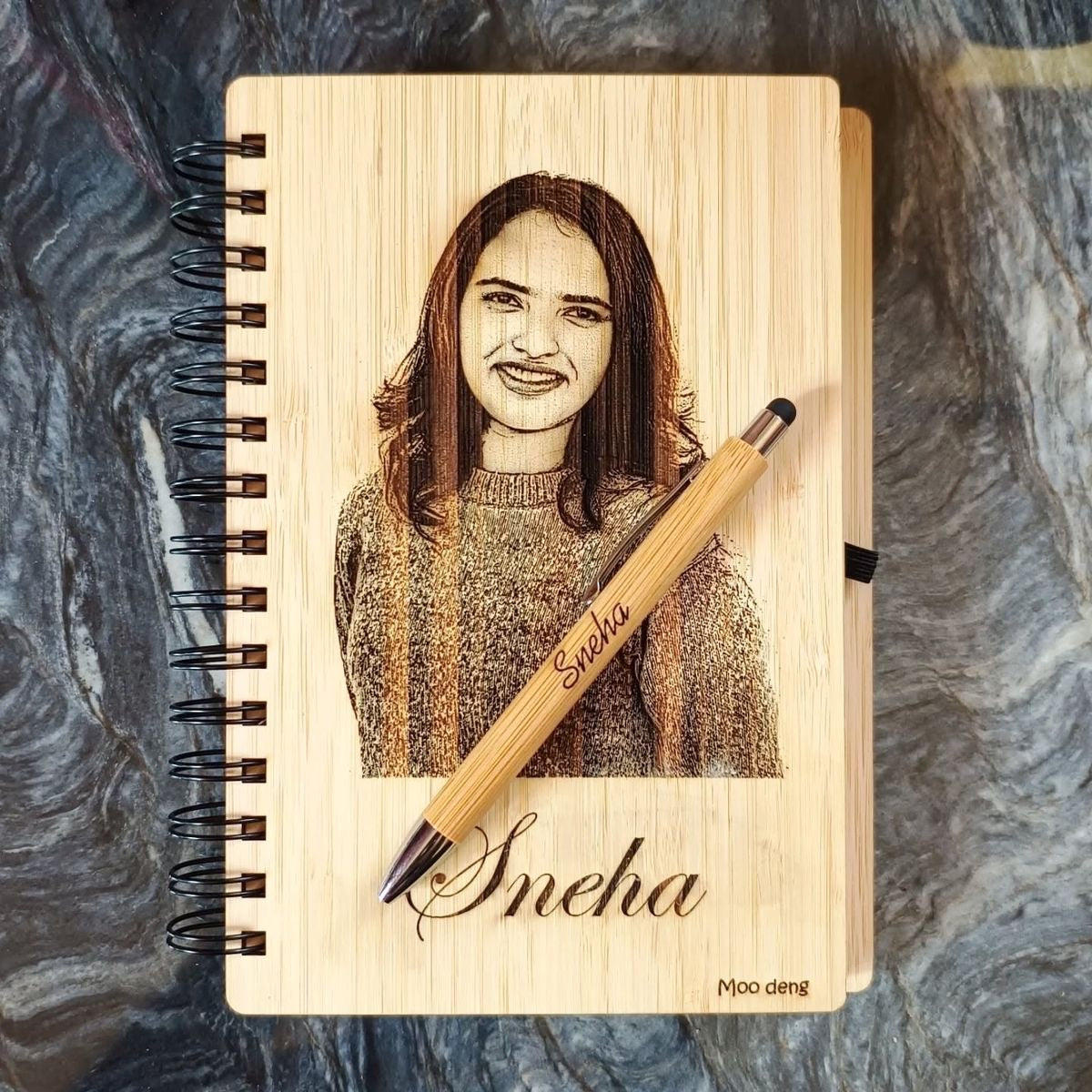 Personalized Photo Engraved Wooden Diary with Name Pen