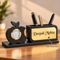 Personalized Wooden Desk Name Plate with Clock & Pen Stand