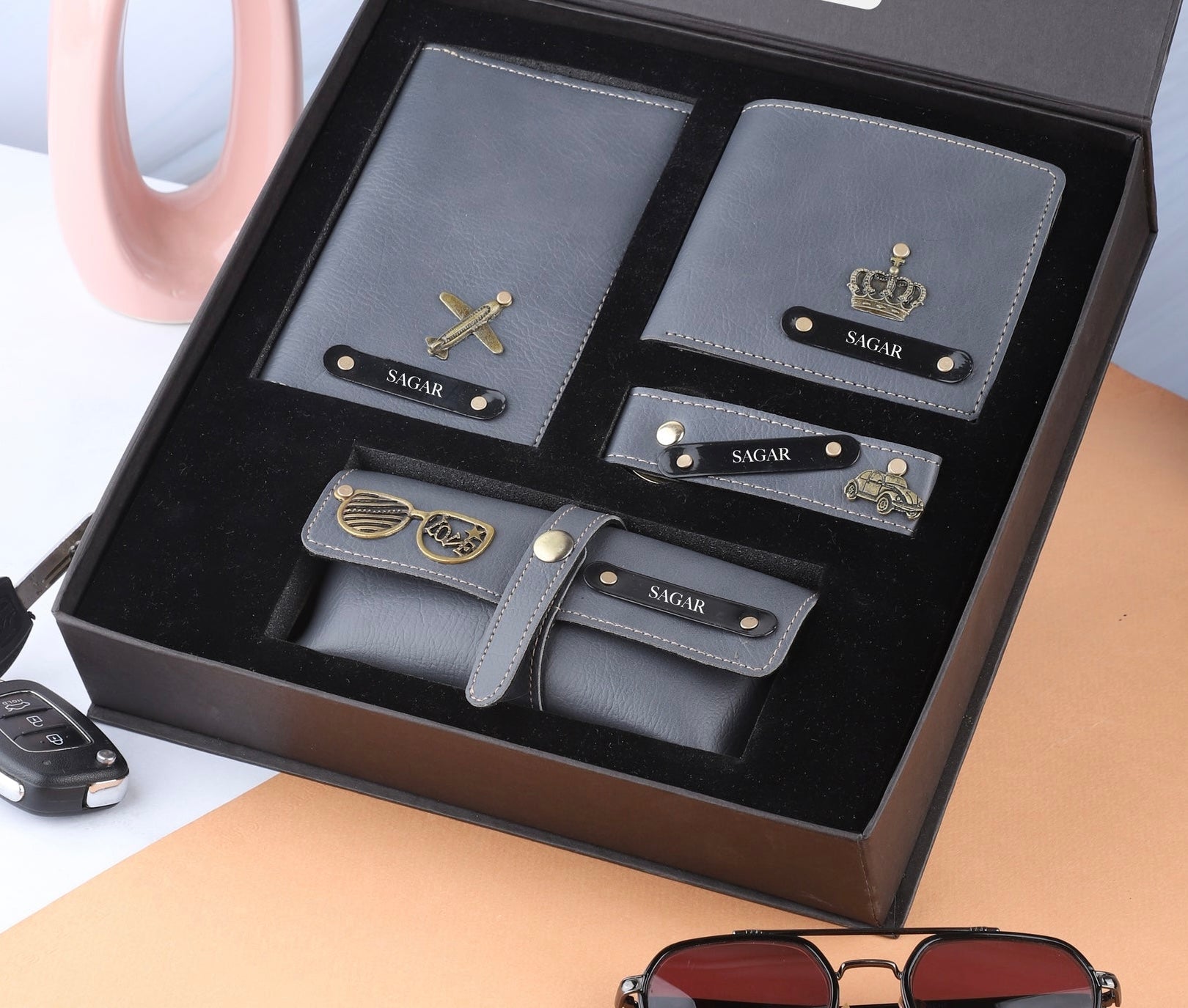 Personalized Leather Gift Combo for Men – Wallet, Eyewear, Passport & Keychain