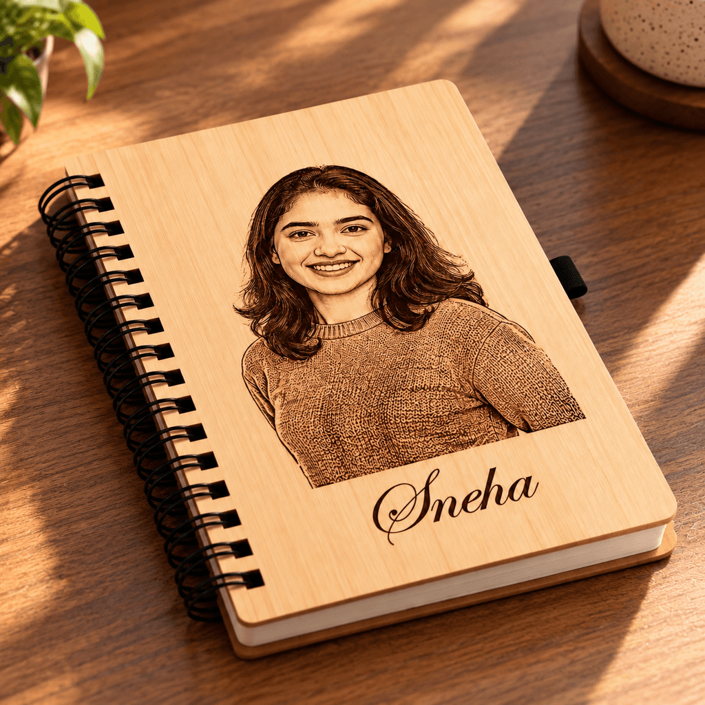 Personalized Photo Engraved Wooden Diary with Name Pen