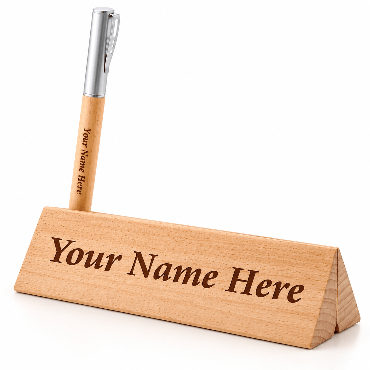 Personalized Wooden Name Plate with Engraved Pen | Custom Office Desk Nameplate