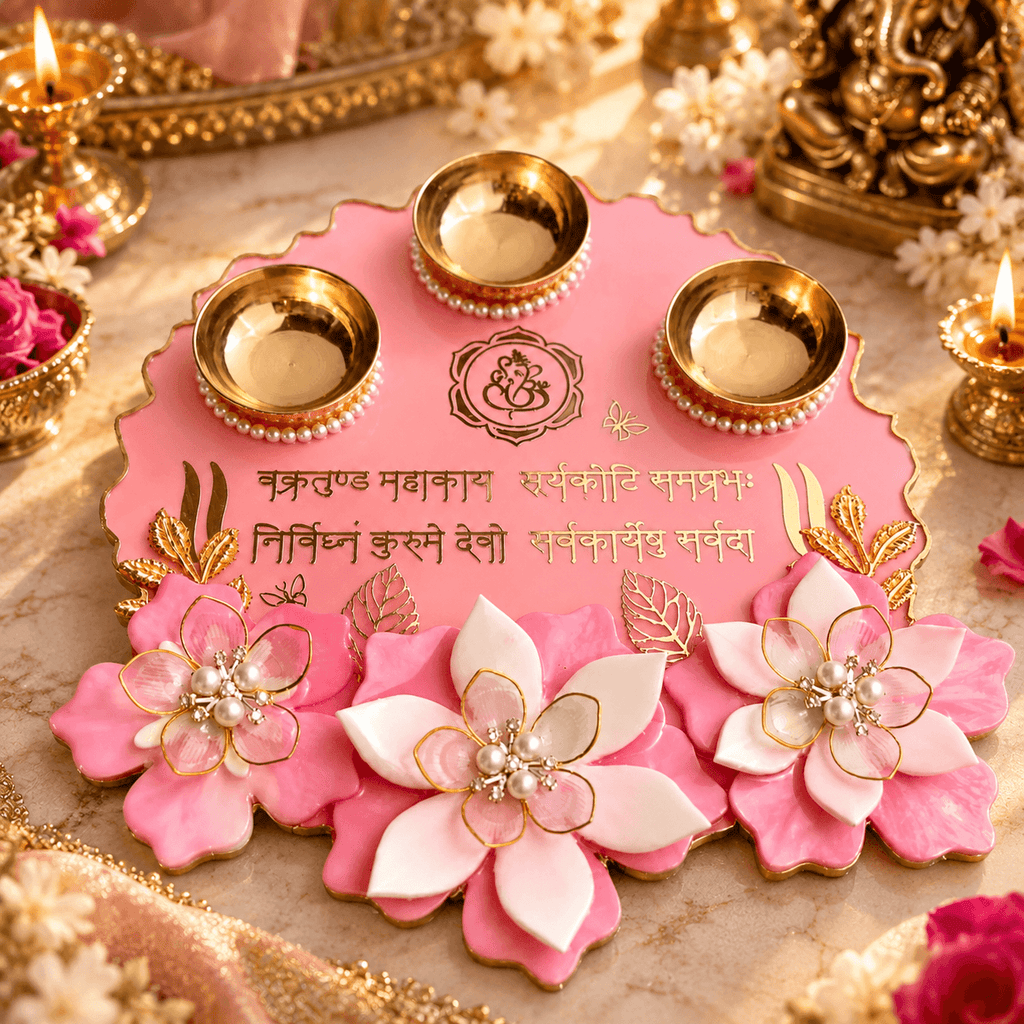 Resin Pooja Thali 8 inches with Decorative Diyas
