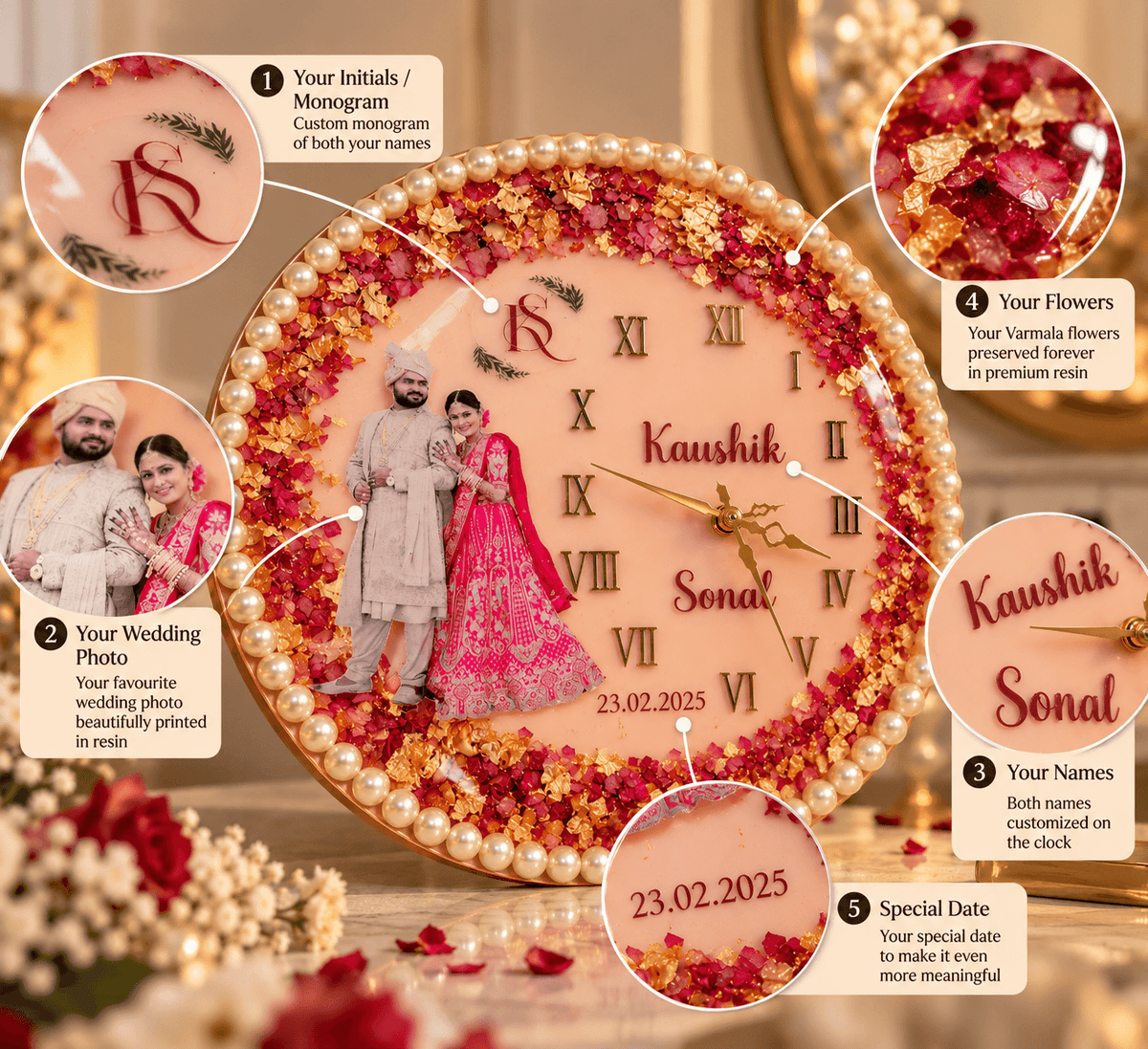 Personalized Wedding Resin Clock with Photo & Names | Custom Couple Gift | Varmala Preservation