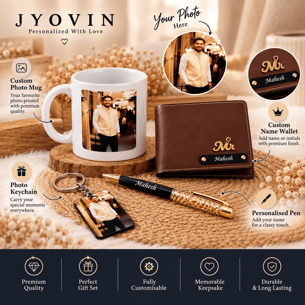 Personalized Men’s Gift Combo – Wallet, Mug, Pen & Photo Keychain