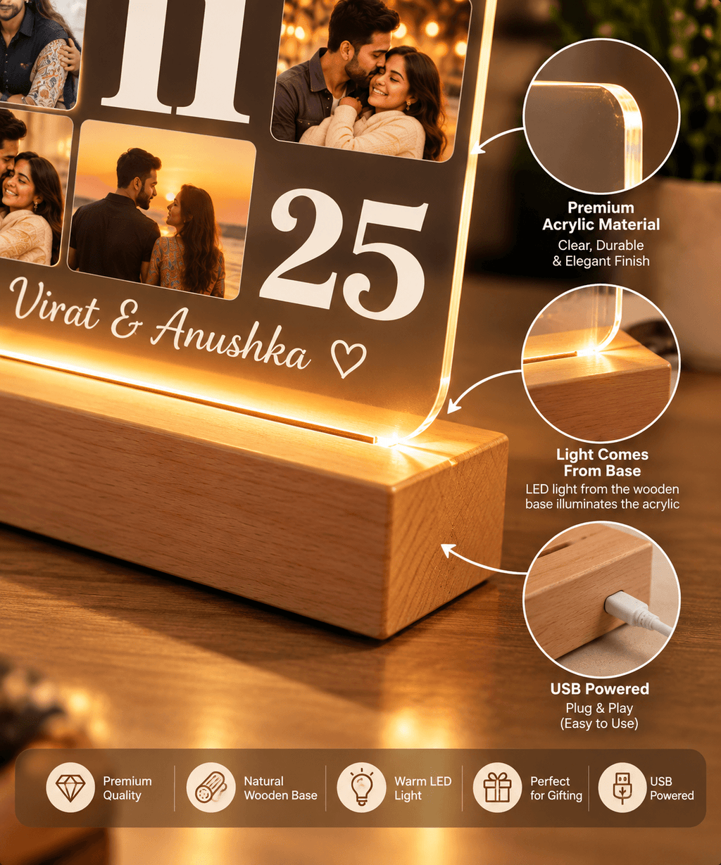Personalized LED Base Acrylic Photo Frame with Wooden Stand