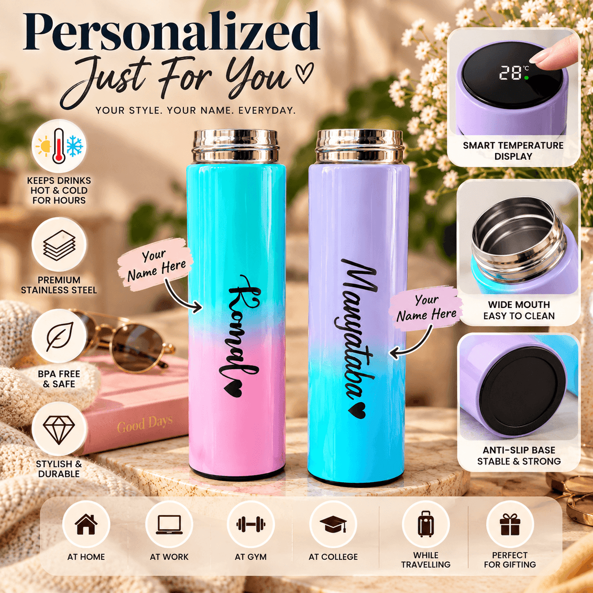 Personalized Gradient Stainless Steel Water Bottle – Custom Name Gift