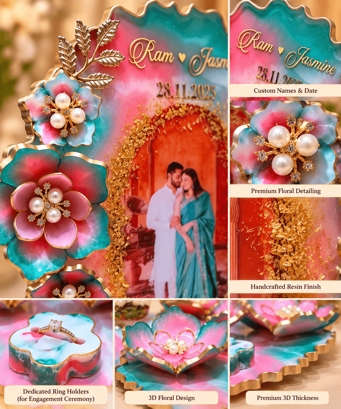 Personalized Resin Engagement Photo Frame with Ring Holders | Jyovin