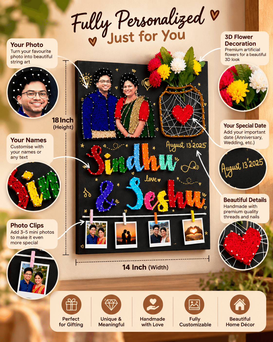Personalized Couple String Art Photo Frame | Custom Names & Date | Jyovin