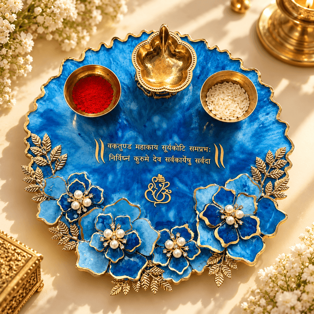 Resin Pooja Thali 8 inches with Decorative Diyas