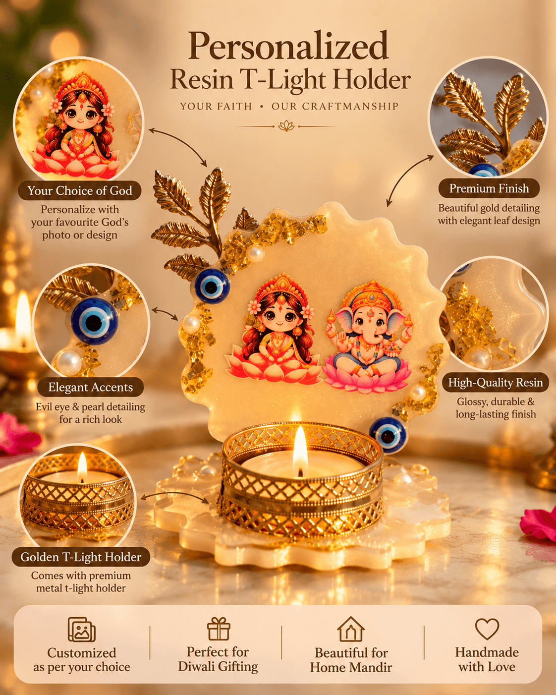 Personalized Resin T-Light Holder with Custom God Photo | Diwali Gift