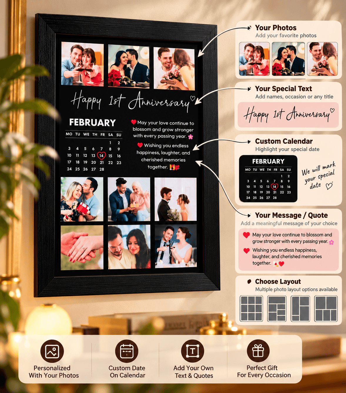 Personalized Anniversary Photo Frame with Custom Calendar & Quotes