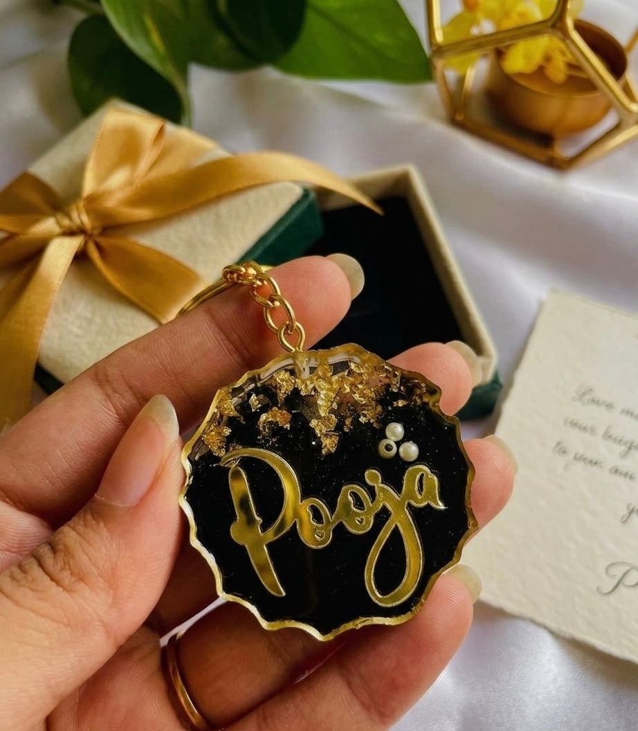 Customized Resin Name Keychain – Black & Gold Premium Personalized Keyring