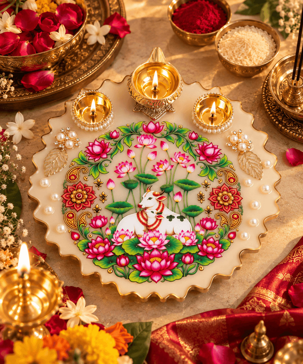 8 Inch Resin Pooja Thali with Lotus Design & Gold Diya Holders