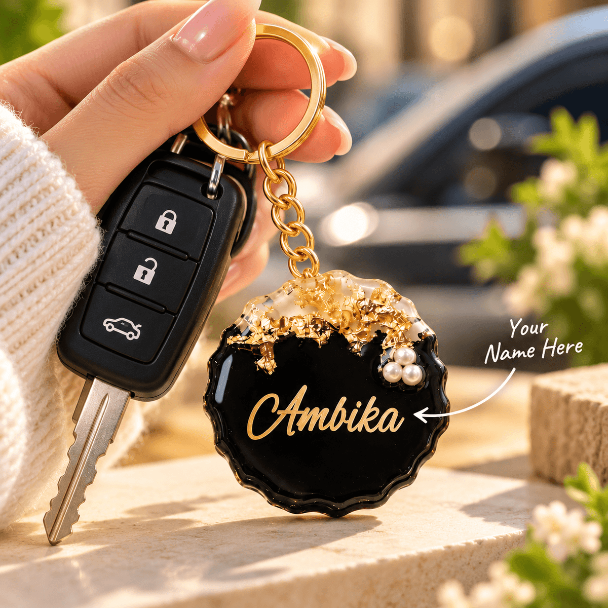 Customized Resin Name Keychain – Black & Gold Premium Personalized Keyring