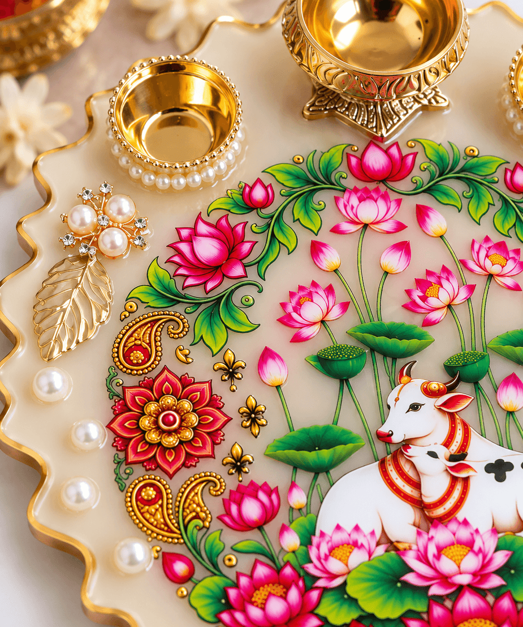 8 Inch Resin Pooja Thali with Lotus Design & Gold Diya Holders