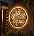 Personalized LED Round Acrylic House Name Plate with Krishna Design | Custom Family Name & House Number