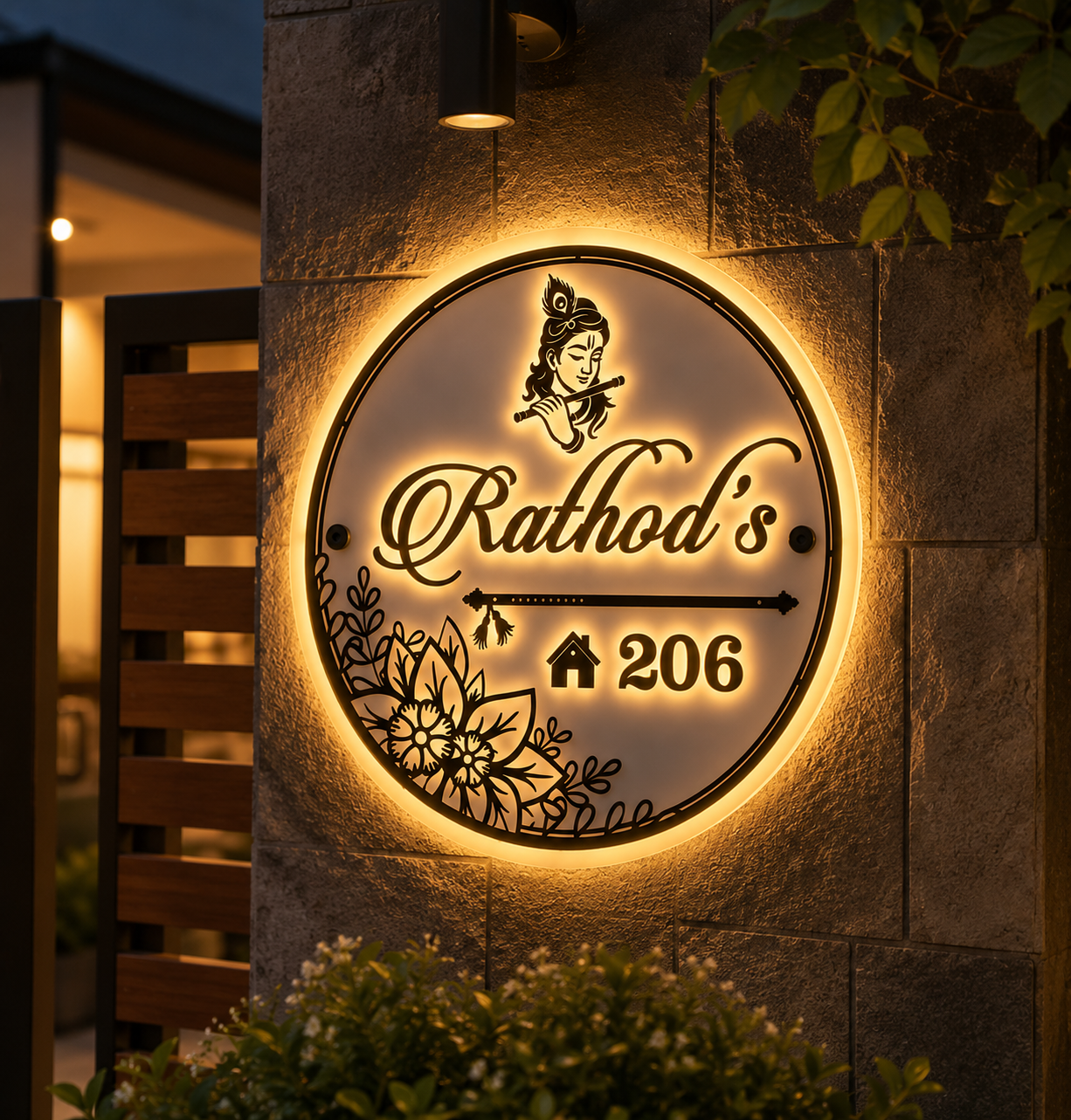 Personalized LED Round Acrylic House Name Plate with Krishna Design | Custom Family Name & House Number