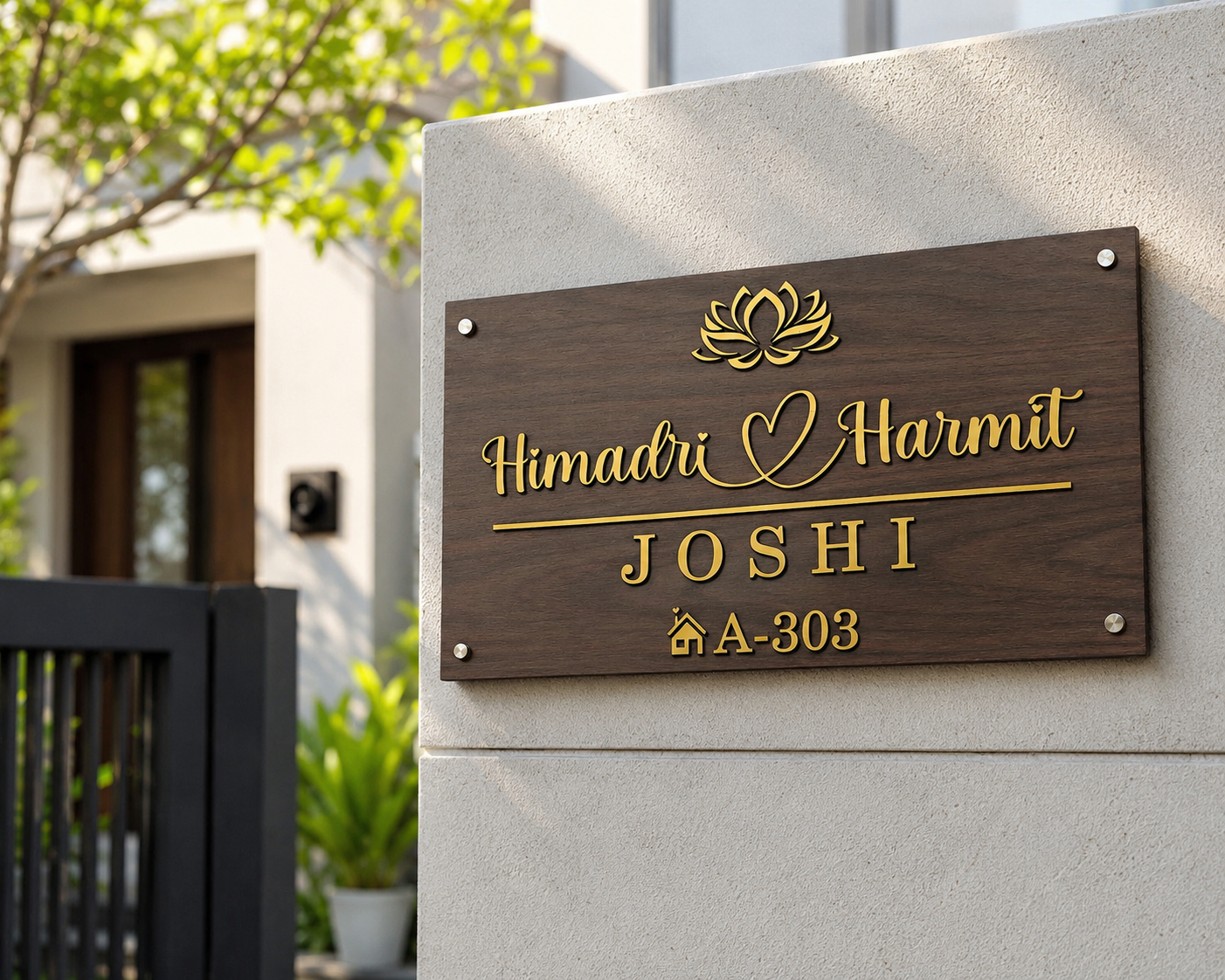 Personalized Wooden Couple House Name Plate with Gold Acrylic | Custom Home Name Board