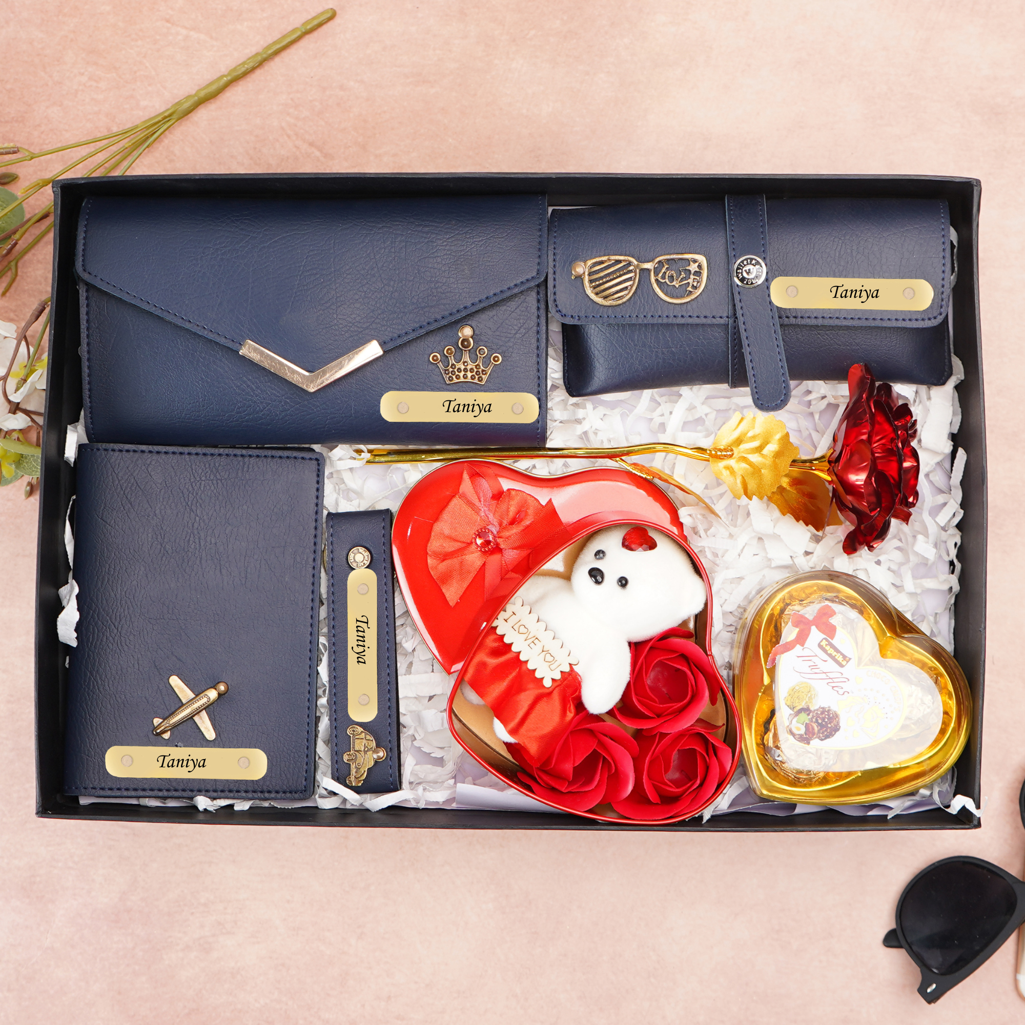 Romantic 7-in-1 Gift Box for Girlfriend / Wife On Birthday and Anniversary – Personalised Clutch, Passport Cover & Cute Teddy with Chocolates & Rose