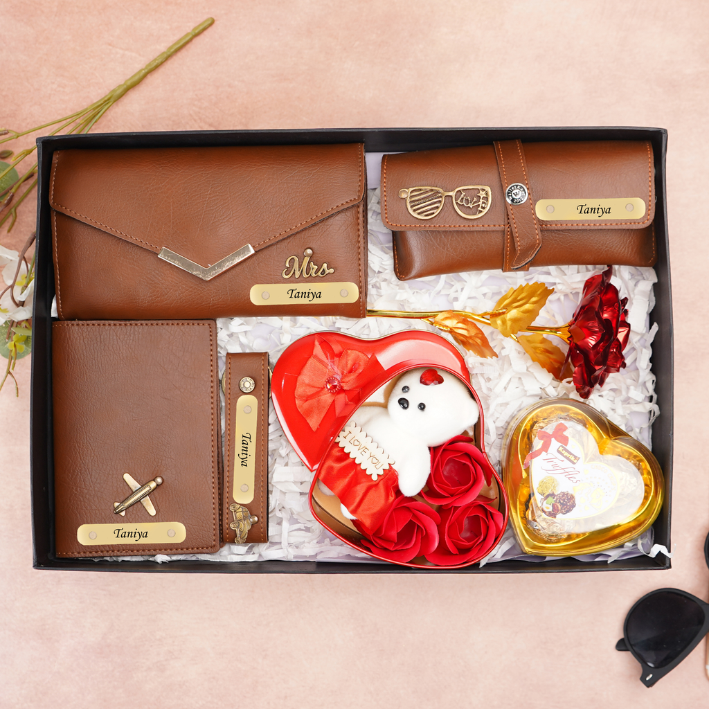 Romantic 7-in-1 Gift Box for Girlfriend / Wife On Birthday and Anniversary – Personalised Clutch, Passport Cover & Cute Teddy with Chocolates & Rose