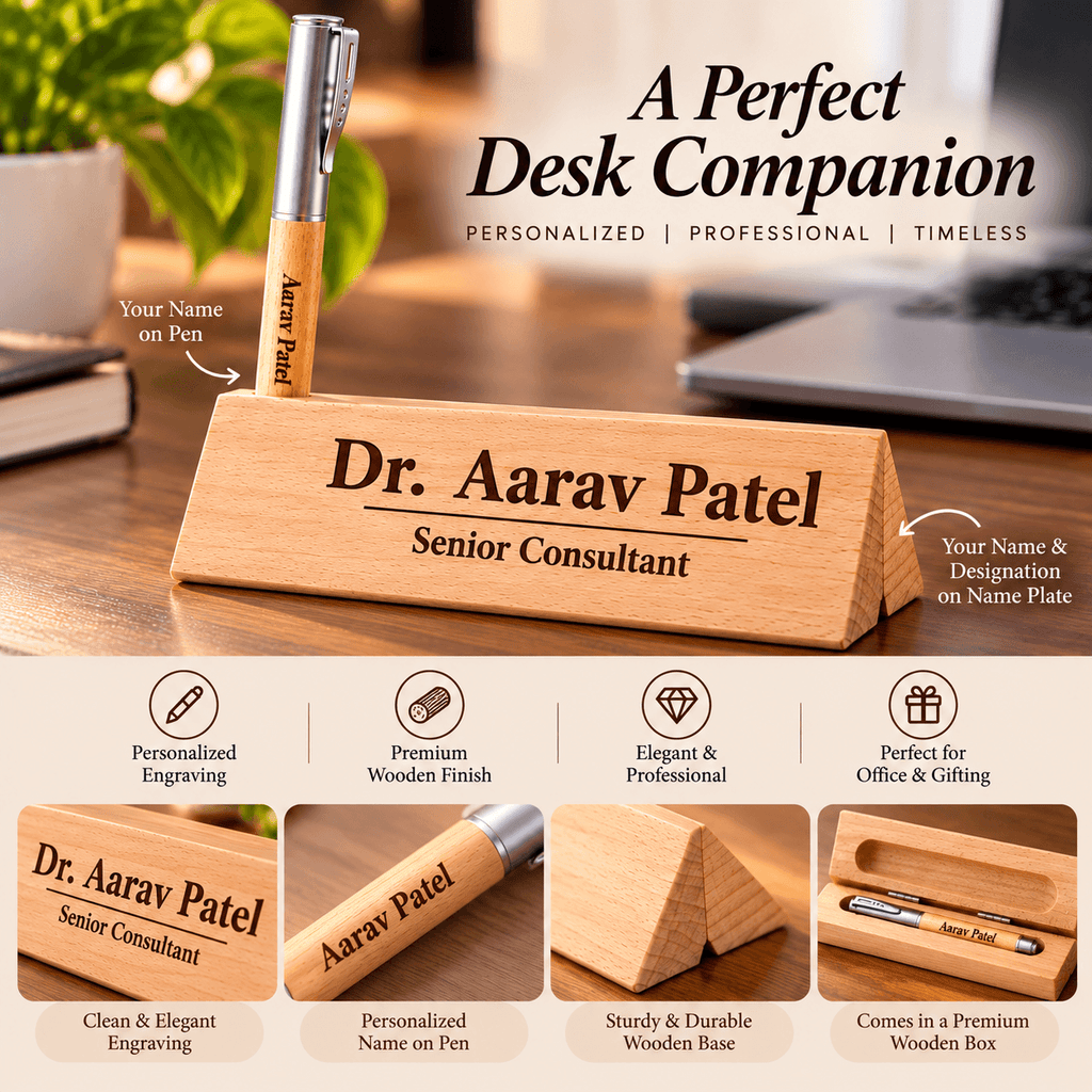 Personalized Wooden Name Plate with Engraved Pen | Custom Office Desk Nameplate