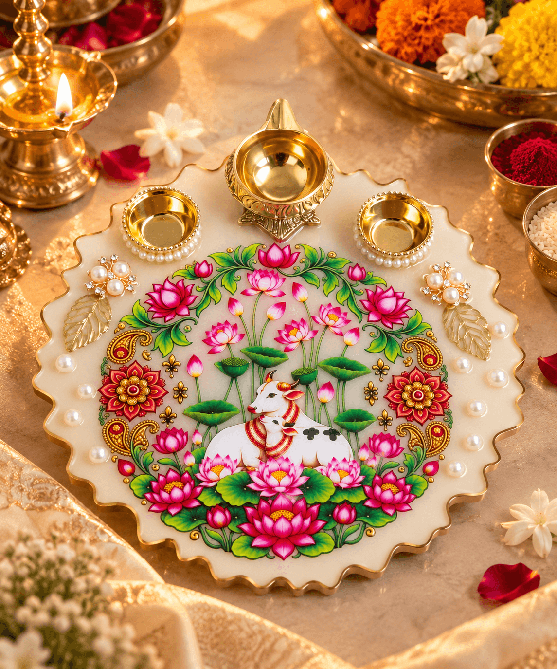 8 Inch Resin Pooja Thali with Lotus Design & Gold Diya Holders