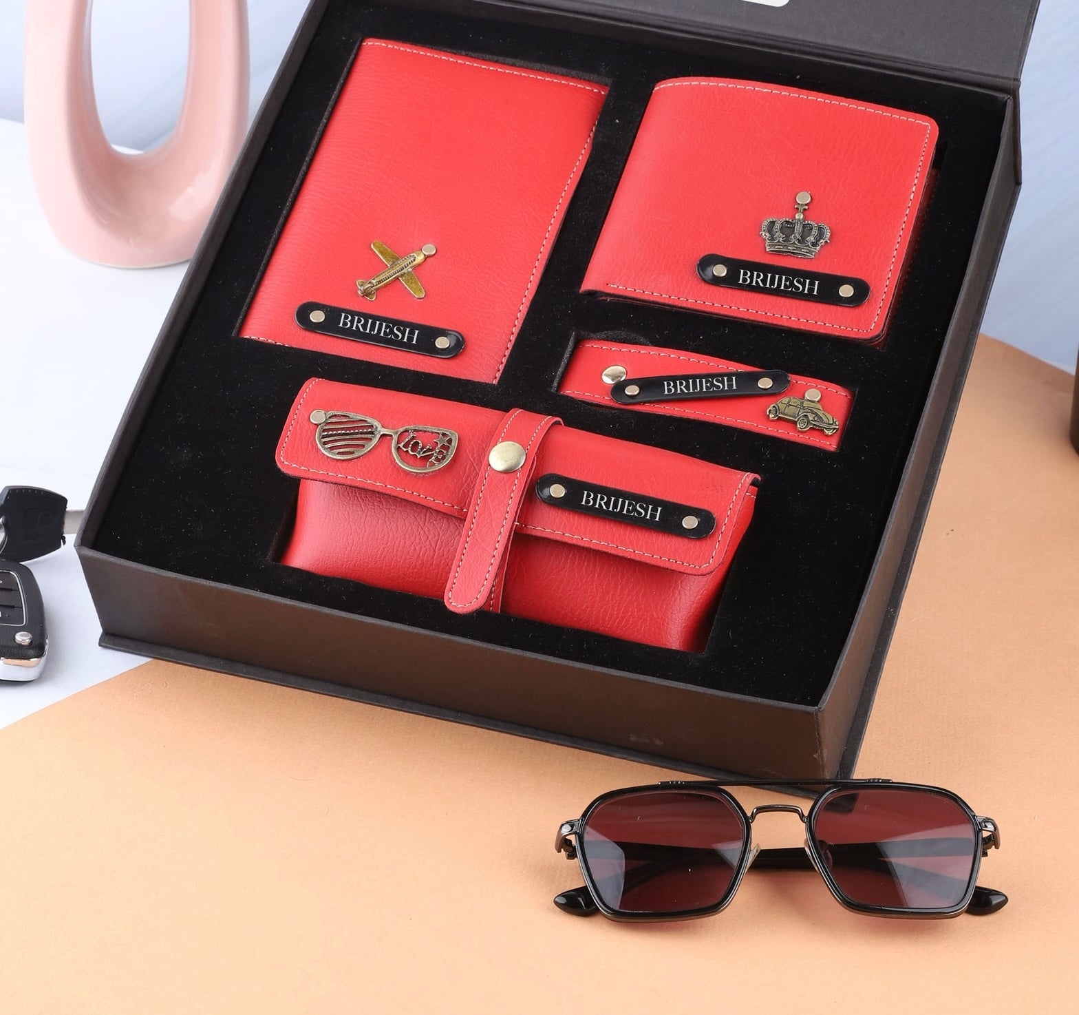 Personalized Leather Gift Combo for Men – Wallet, Eyewear, Passport & Keychain
