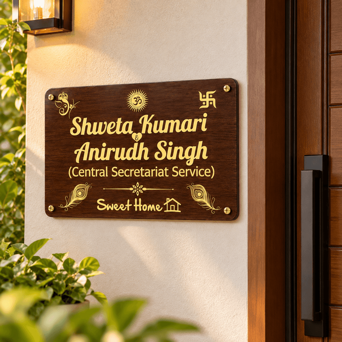 Personalized Wooden Name Plate with Golden Lettering | Custom Home Nameplate