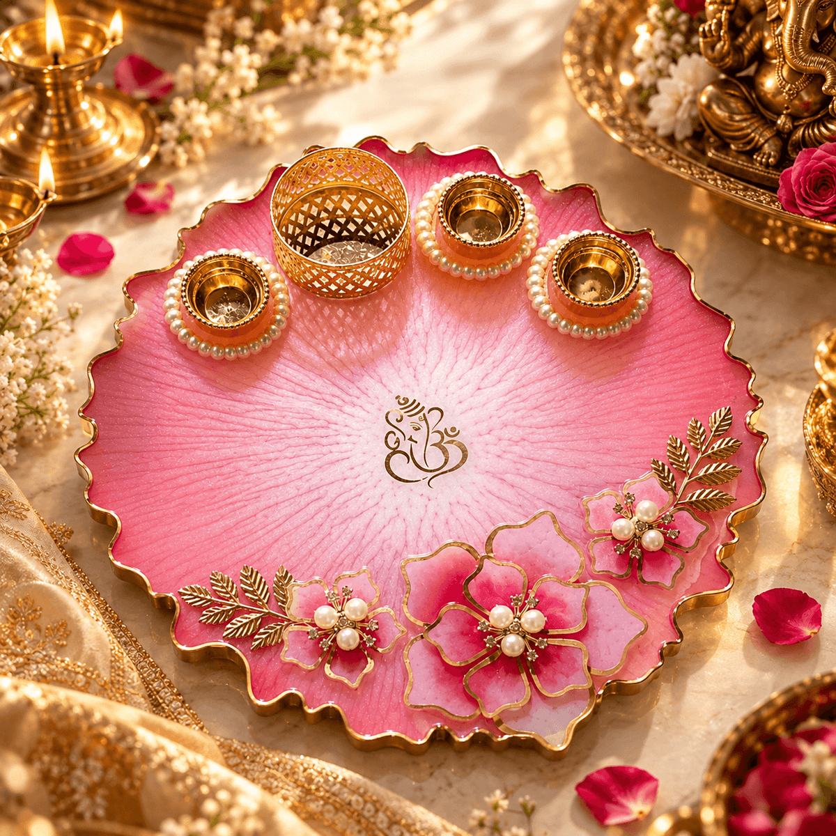 Resin Pooja Thali 8 inches with Decorative Diyas
