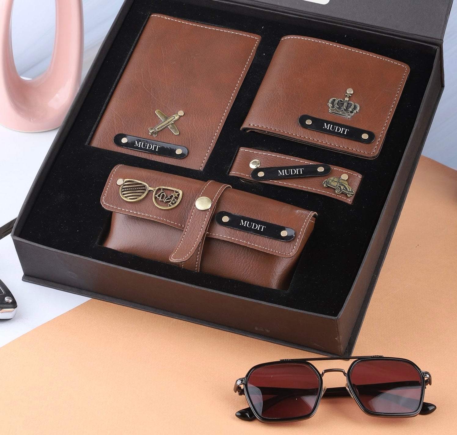 Personalized Leather Gift Combo for Men – Wallet, Eyewear, Passport & Keychain