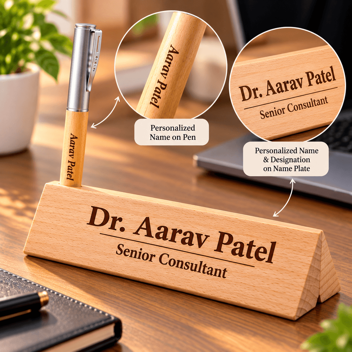 Personalized Wooden Name Plate with Engraved Pen | Custom Office Desk Nameplate