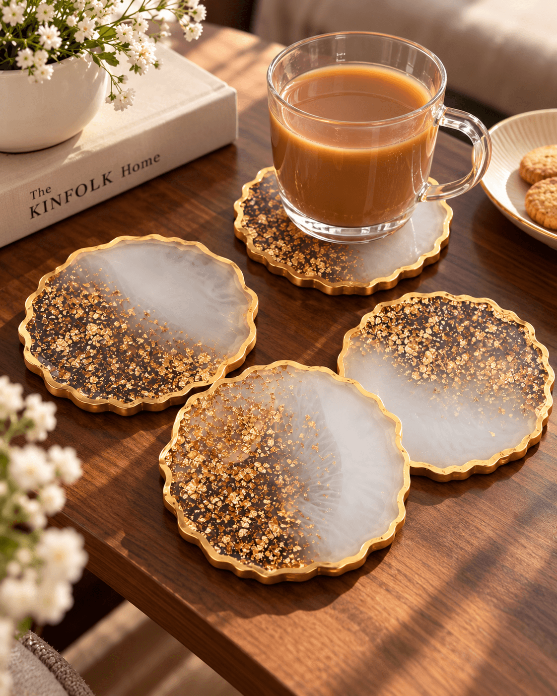 Handcrafted Resin Coaster Set of 4 with Gold Foil | Premium Table Decor