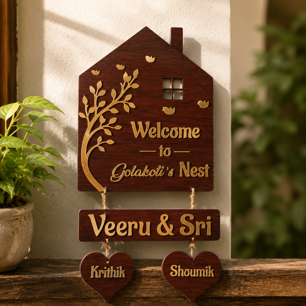 Personalized Wooden Hanging House Name Plate with Family Name & Kids Name Hearts