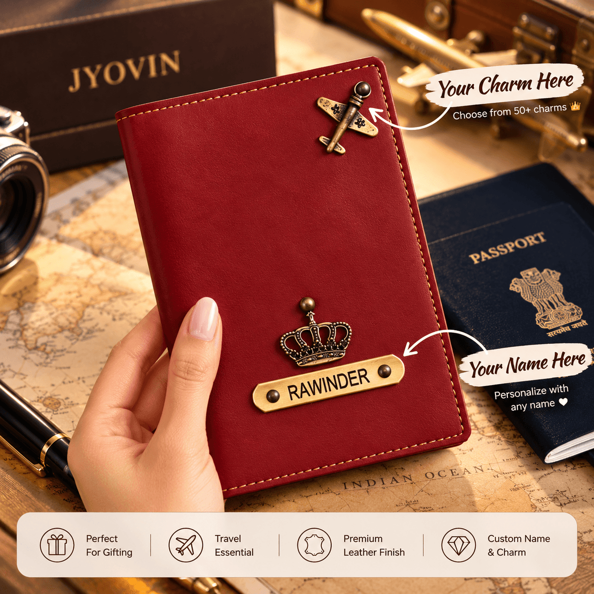 Personalized Leather Passport Cover with Name & Charms | Travel Gift